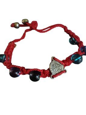 Vintage Bracelet Catholic Handmade Red Braided Glass Beads & Metal Charm